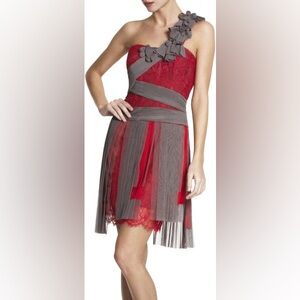 BCBG Maxazria Runway Pink Crimson Pleated Contrast Lace One Shoulder Dress